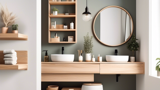 Create an image of a small bathroom with clever space-saving shelving ideas. Include floating shelves, corner shelves, and under-sink storage. Use natural wood tones and clean lines to create a modern