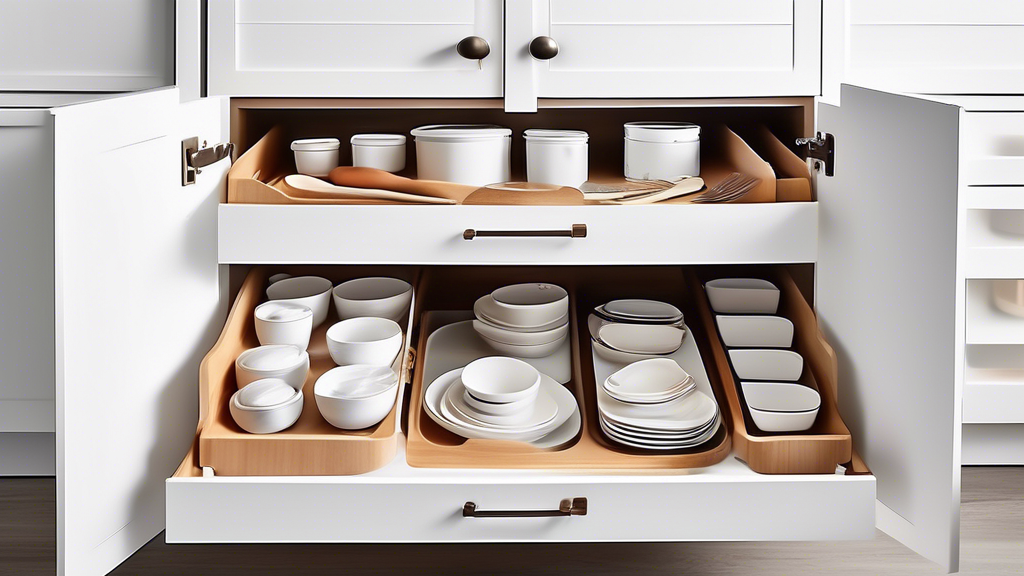 A multi-tiered corner cabinet with pull-out shelves and drawers, neatly organized with kitchen utensils, cookware, and pantry items. The shelves and drawers are labeled with categories for easy access