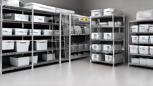 Create an image of a spacious industrial storage room filled with 7 different adjustable wire shelving units, each displaying various storage solutions in an organized and efficient manner. Each shelving unit should showcase a different design and he