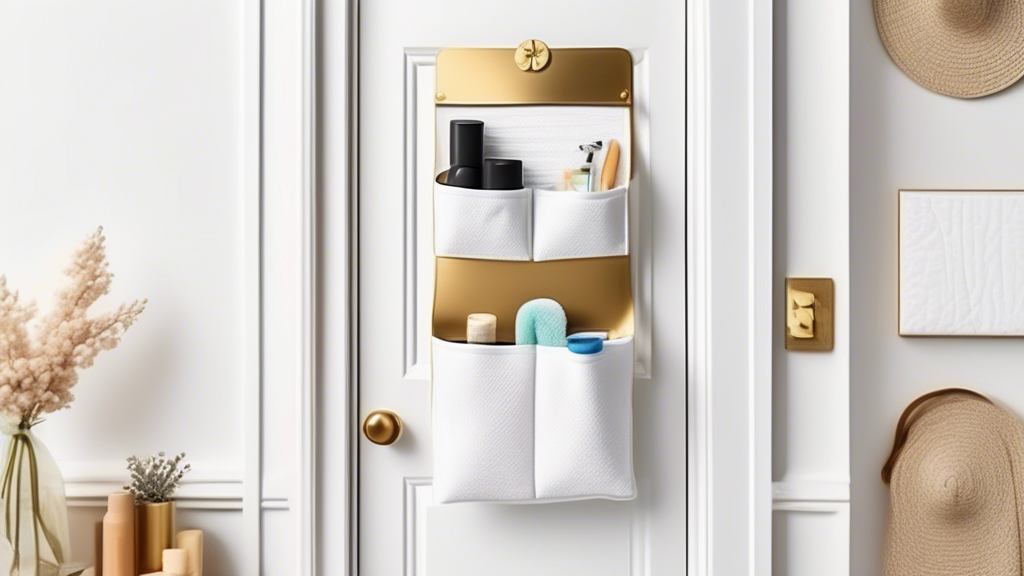 An over-the-door organizer with a textured surface and compartments for various household items, such as cleaning supplies, toys, and linens, positioned neatly over a white door with gold hardware.