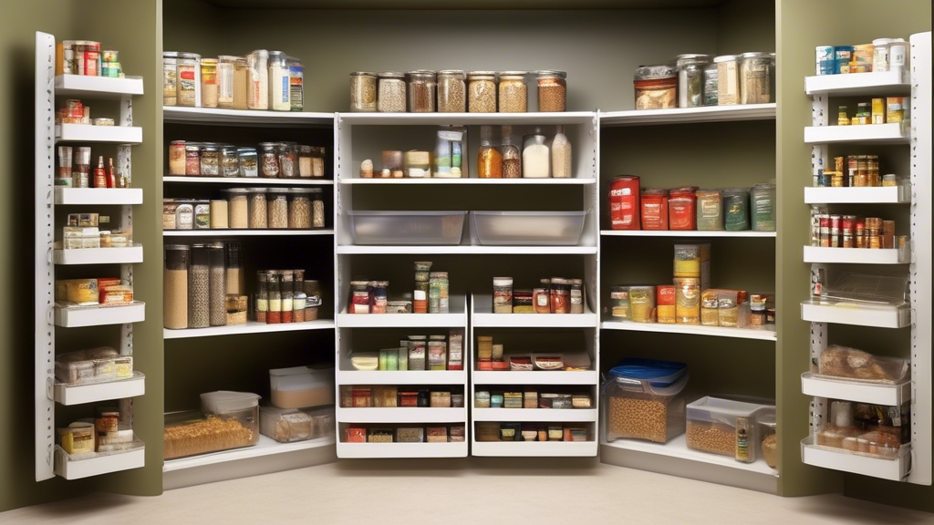 Create an image of a pantry filled with various items such as canned goods, snacks, and spices neatly organized on adjustable shelving systems. The shelves should be customizable and include features such as pull-out drawers, rotating trays, and adju