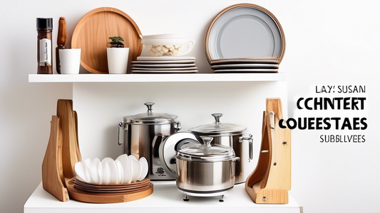 An image of various kitchen accessories that can be used as lazy Susan substitutes for corner cabinets, such as rotating shelves, corner caddies, and turntable trays, set against a white background wi