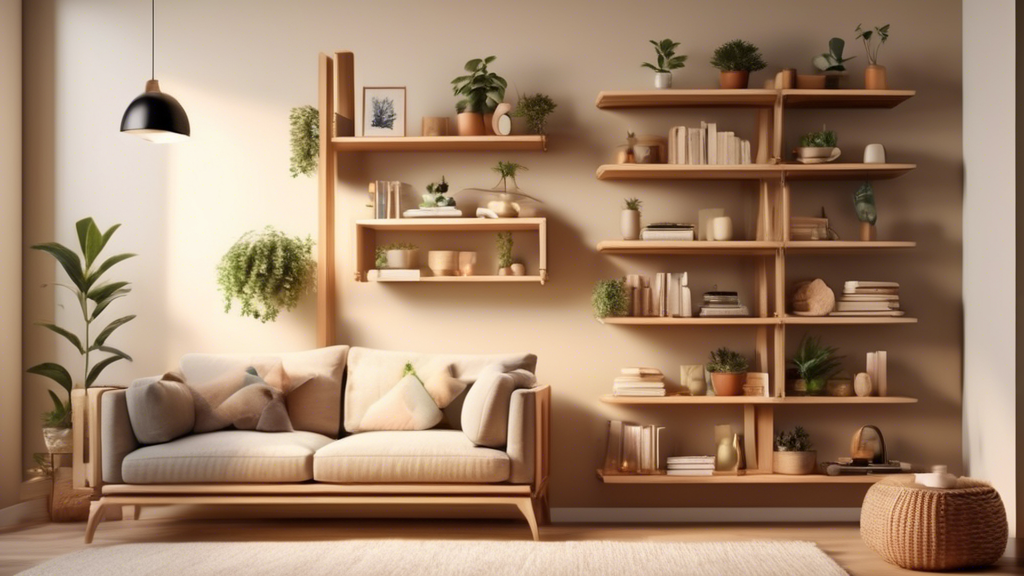 Create an image of a cozy living room with warm lighting and comfortable furnishings, featuring a set of adjustable wooden shelving units prominently displayed against a neutral wall. The shelves are filled with books, plants, and a variety of decora