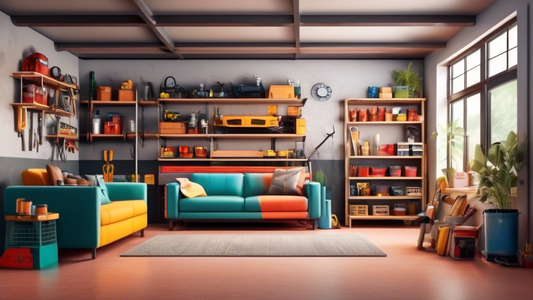 Living room-style garage with a cozy sofa, organized shelves, and a tool bench in the corner