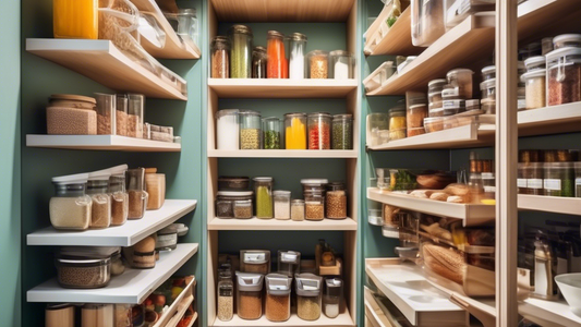 An organized pantry with pull-out shelves, maximizing storage space, featuring various kitchen items and containers neatly arranged on the shelves.