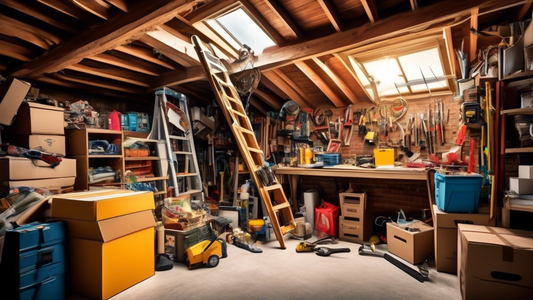 A cluttered garage attic with boxes, furniture, and tools scattered everywhere, a ladder leaning against the wall leading to a small opening in the ceiling