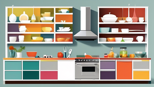 Create an image of a small kitchen with adjustable shelving that maximizes storage space. Show different configurations and arrangements of the shelves to highlight the versatility and functionality of adjustable shelving in the kitchen. Include vari