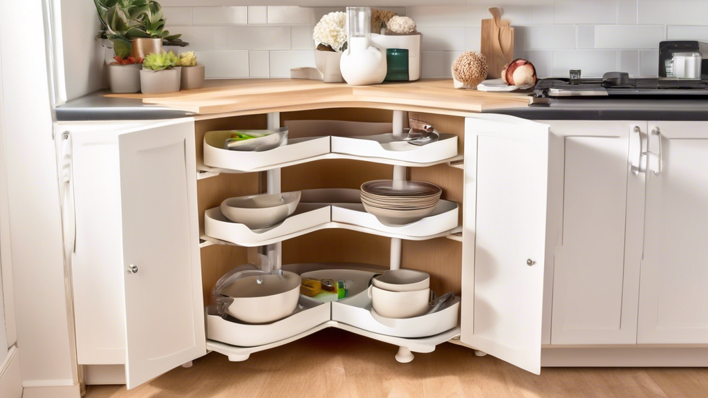 A corner cabinet with pull-out shelves that maximize storage space. The shelves are curved to fit the corner and have adjustable height dividers to accommodate different items. The shelves are made of