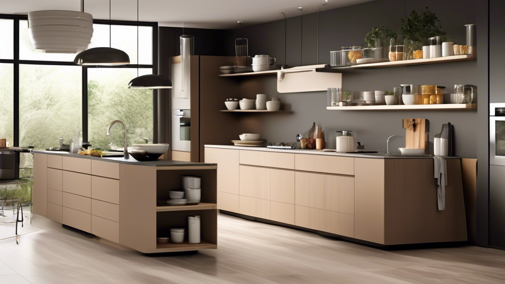 Create an image of a sleek, modern kitchen with adjustable shelving that can be easily adapted to accommodate various kitchenware and appliances. Showcase the versatility and functionality of adjustable sheljsoning by portraying shelves at different 