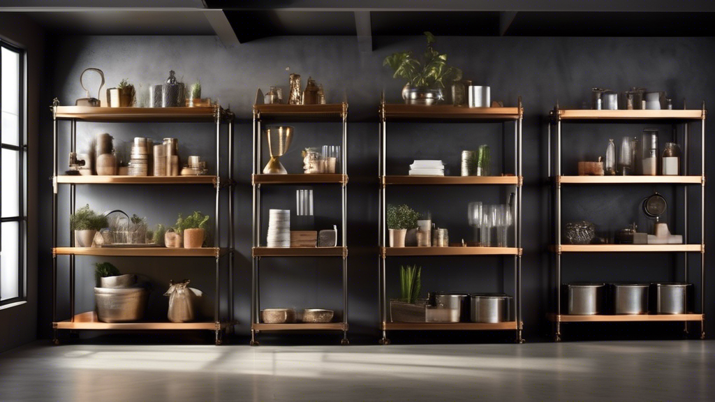 Create an image that captures a modern industrial aesthetic, featuring sturdy metal shelving with clean lines and sleek finishes. The shelves should exude a sense of organization and efficiency, while