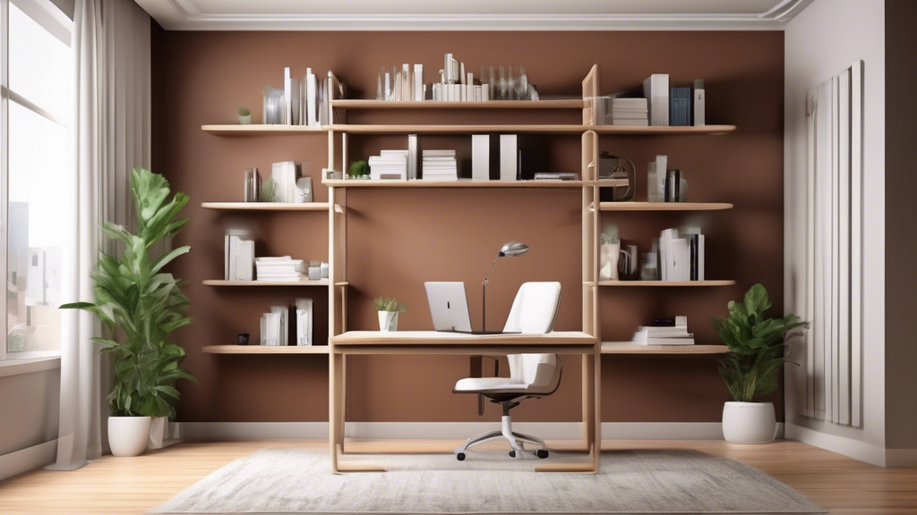 Create an image of a modern home office with adjustable shelving that is organized, efficient, and stylish. The shelving should be made of high-quality materials and have a sleek design. The shelves s