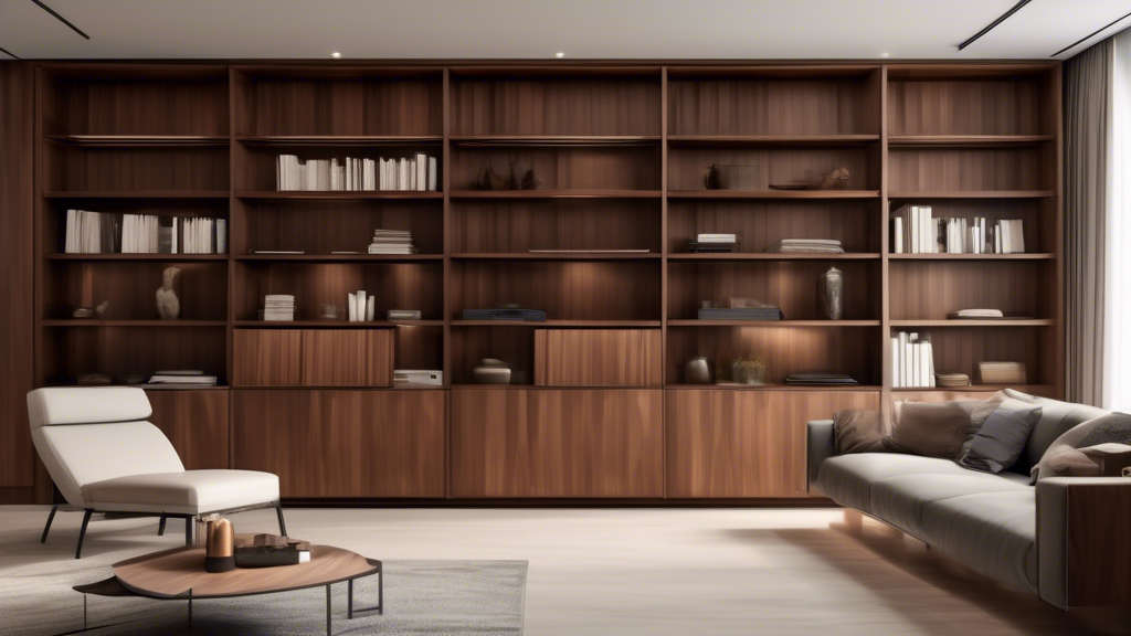 An image of a modern interior with a concealed storage system featuring adjustable shelving hidden behind sliding doors. The doors are made of rich wood with a sleek finish, blending seamlessly with t