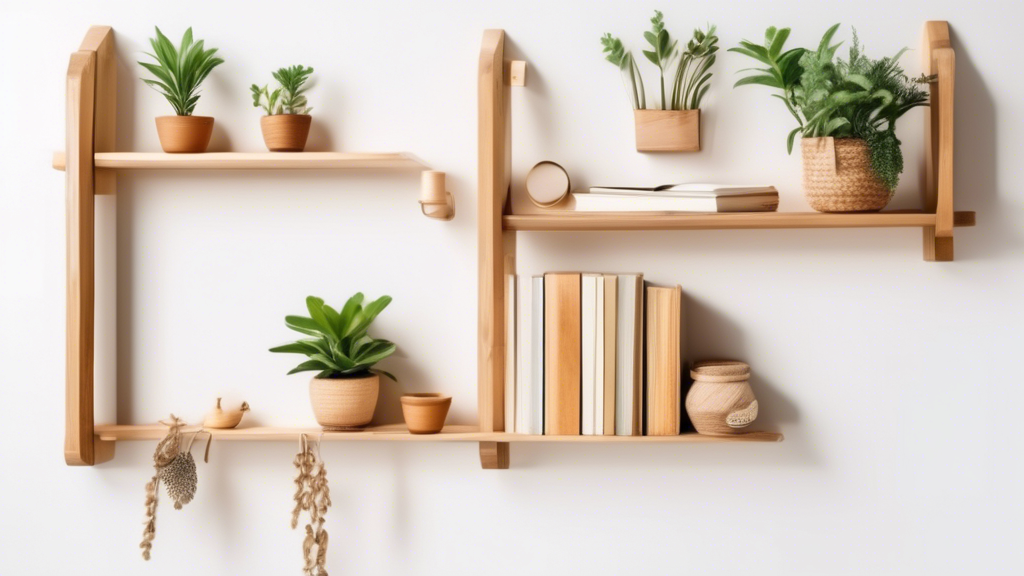 A wooden shelf hanging over a white door with various items stored on it, including books, plants, and baskets. The shelf has a simple design with clean lines and a natural wood finish.