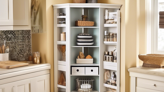 An organized and beautiful corner cabinet with shelves that maximize space and enhance functionality, featuring a variety of storage solutions such as pull-out drawers, adjustable shelves, and Lazy Su