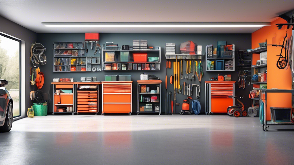 An organized garage with a variety of storage solutions to maximize space, including shelves, drawers, cabinets, and hanging organizers