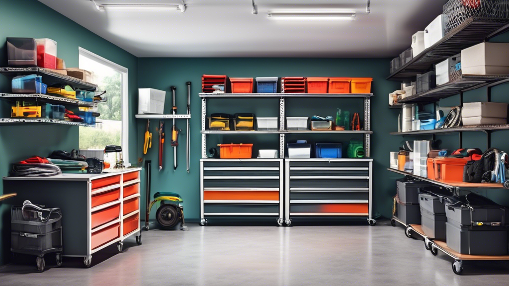 An organized garage with shelves, drawers, and hanging systems to maximize space, with a clean and tidy floor.