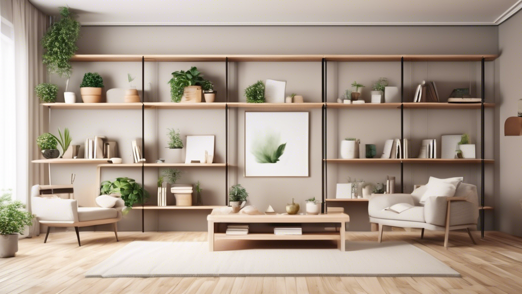 Create an image of a modern, minimalist living room with adjustable shelves displaying well-organized items such as books, plants, and decor. The shelves should blend seamlessly with the decor, providing a sense of spaciousness and tranquility. Show 