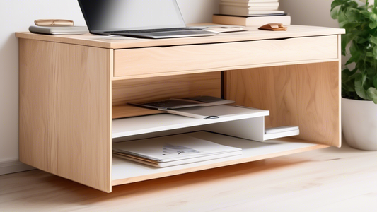 A pull-out desk organizer that is hidden under the desk, revealing a series of compartments and shelves when pulled out. The organizer is made of light wood and has a minimalist design, complementing 