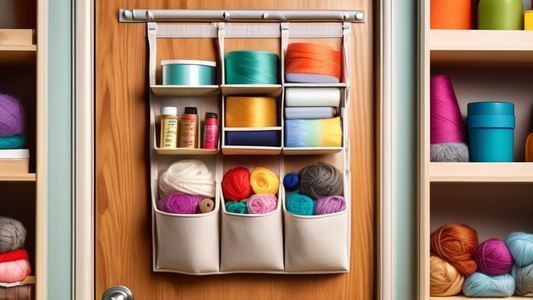 A photorealistic image of an over-the-door organizer hanging on the back of a wooden door. The organizer has multiple compartments and shelves, and is filled with craft supplies such as yarn, fabric, 