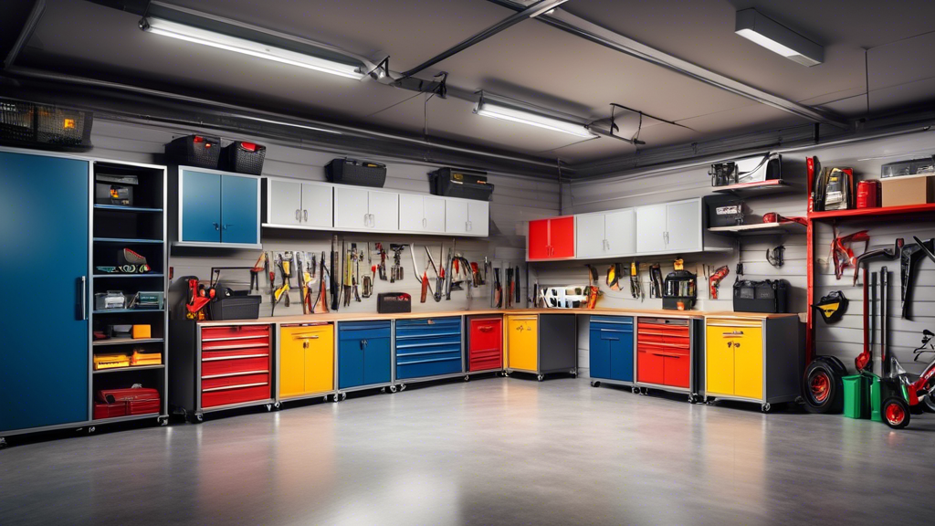 A garage interior filled with various pull-out storage solutions, including shelves, drawers, and cabinets, all tailored to optimize space and keep the garage organized.