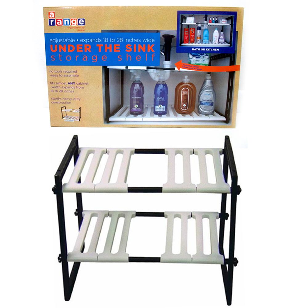 2 Tier Expandable Adjustable Under Sink Shelf Organizer Unit Kitchen Shelves New