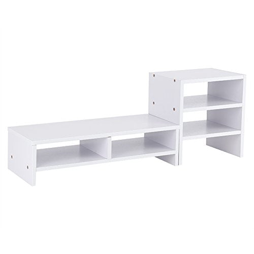Computer Monitor Riser, Multifunctional Computer Laptop Monitor Riser TV Stand Desktop Stands Wooden Storage Organizer + 3-Layer Shelf (White)