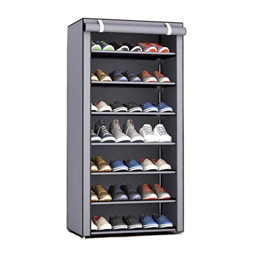 Riipoo Shoe Rack, Simple Assembly Single Row 8-Tier 7-Cube Shoe Tower Rack with Dust-Proof Cover, Space Saving Storage Shelf Organizer Cabinet for Shoes and Others (Silver Gray)