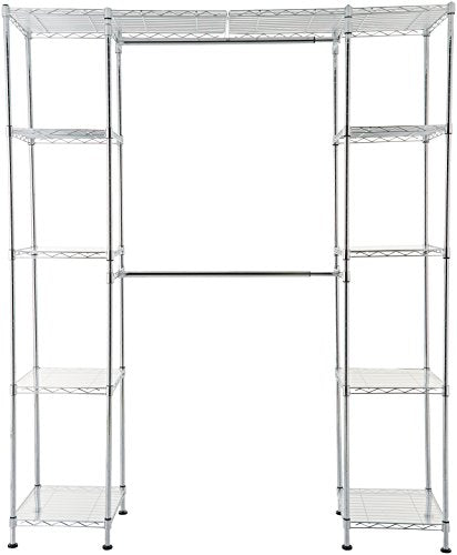 AmazonBasics Expandable Metal Hanging Storage Organizer Rack Wardrobe with Shelves, 14"-63" x 58"-72", Chrome