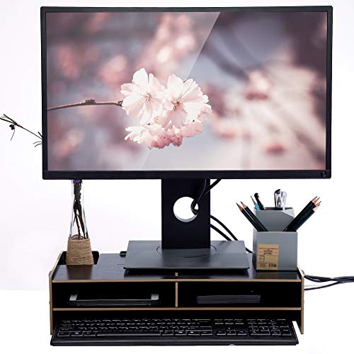 Yosooo Monitor Stand Riser, Wooden Heighten Shelf Rack Stand Holder with Storage Organizer for Display Screen Keyboard Base Bracket Desktop (Black)