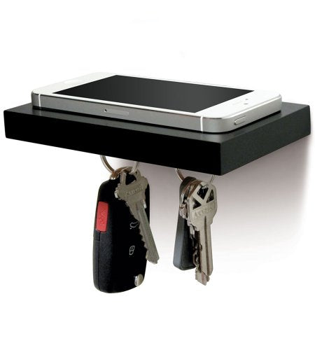 ILoveHandles Plank Floating Cell Phone Wall Mounted Wood Shelf With Magnetic Keyhook - Solid Black