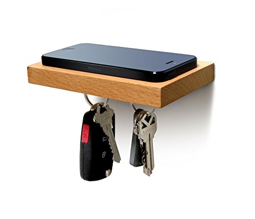 ILoveHandles Plank Floating Cell Phone Wall Mounted Wood Shelf with Magnetic Keyhook - Natural Wood