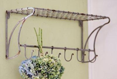 Rustic Wire Wall Shelf - Hanging Rack with Hooks, 23"x 10"x 8"
