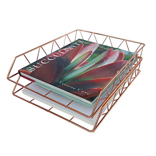 Coastal Colors Rose Gold 2-Tier Stackable Desk Organizer Double Metal Wire Basket Letter Tray Cute Office Cubicle Decor