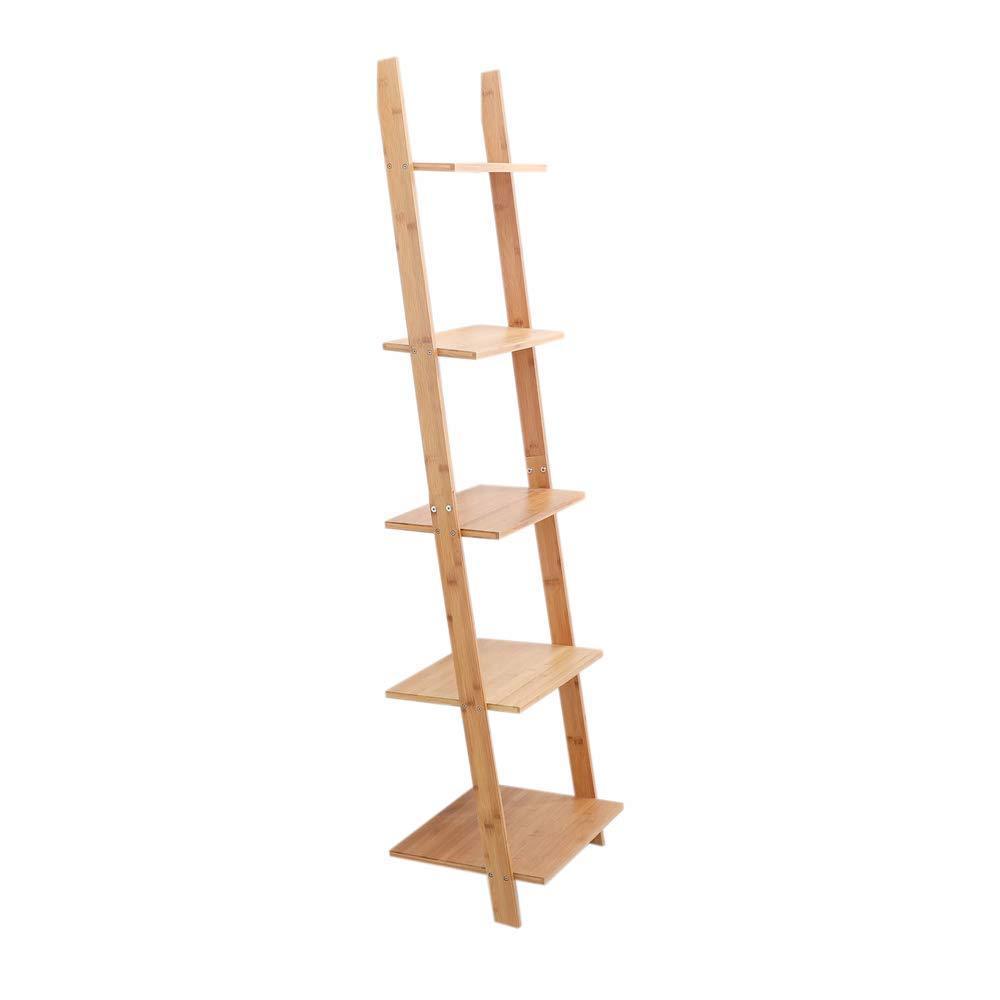 Save on exilot natural bamboo ladder shelf 5 tier wall leaning bookshelf ladder bookcase storage display shelves for living room kitchen office multi functional plant flower stand shelf