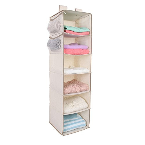 MustQ Hanging Closet Organizer, Space Saver, Sweater Hanging Organizer with 2 Widen Straps, 6-Shelve Foldable Hanging Organizer for Clothes,T-Shirts,Handbag,etc (Beige1)