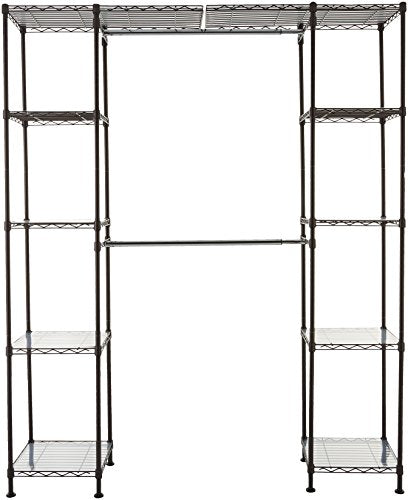 AmazonBasics Expandable Metal Hanging Storage Organizer Rack Wardrobe with Shelves, 14"-63" x 58"-72", Bronze