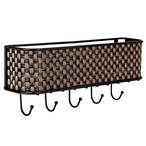 Home Basics Wall Mount Mail Letter Organizer Basket Shelf and 5 Key Hook/Holder in Brown Weave