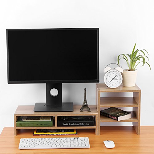 Computer Monitor Stand Riser,Wooden Laptop TV Stand Desktop Riser with 3-Tier Desktop Storage Desk Organizer for Home Office (Light Walnut)