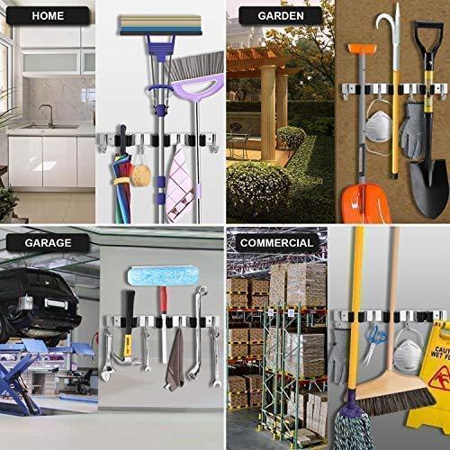 Discover the favbal broom mop holder wall mount stainless steel wall mounted storage organizer heavy duty tools hanger with 3 racks 4 hooks for kitchen bathroom closet garage office garden