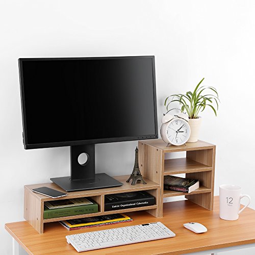 Computer Laptop Monitor Riser Stand Desktop Wooden Storage Organizer + 3-Layer Shelf, Monitor Stand Save Space, Desktop Organizer (Light Walnut)