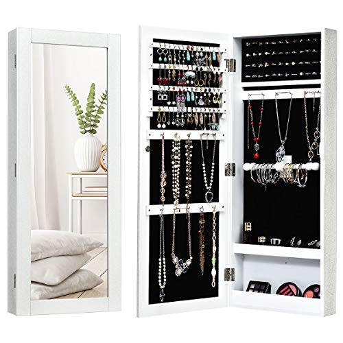 Giantex Wall Mounted Jewelry Armoire Cabinet with Mirror, Jewelry Organizer Storage with Earring Slots, Necklace Hooks, Ring Slots and Scarf Rod, Flash Silvery