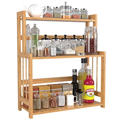 HOMECHO Bamboo Spice Rack Bottle Jars Holder Countertop Storage Organizer Free Standing with 3-Tier Adjustable Slim Shelf for Kitchen Bathroom Bedroom HMC-BA-004