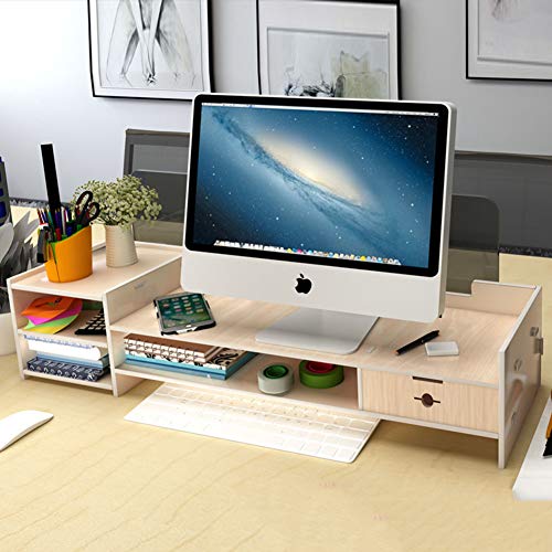 GCX&LV Wooden Monitor Stand for Desk,Laptop Computer Monitor Stand Riser Wood Desk Organizer with Organizer Drawer-E