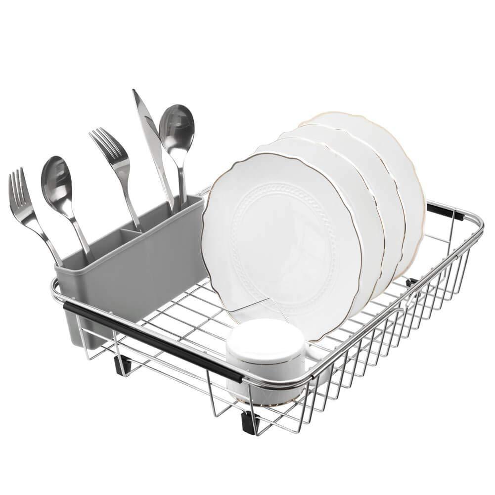 On amazon blitzlabs dish drying rack stainless steel with utensil holder adjustable handle drying basket storage organizer for kitchen over or in sink on countertop dish drainer grey