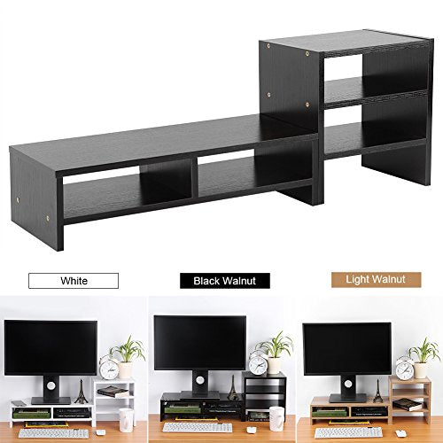 Multifunctional Computer Laptop Monitor Riser Stand Desktop Wooden Storage Organizer + 3-Layer Shelf Home Office (White)