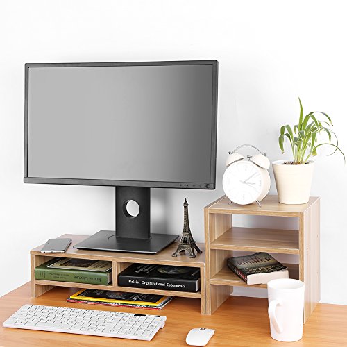 Computer Monitor Stand Riser, Wooden Laptop TV Computer Stand Desktop Drawers Storage Organizer Sit Monitor Risers + 3-Layer Shelf for Home Office Living Room