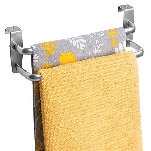 Budget friendly mdesign modern kitchen over cabinet strong steel double towel bar rack hang on inside or outside of doors storage and organization for hand dish tea towels 9 75 wide silver finish
