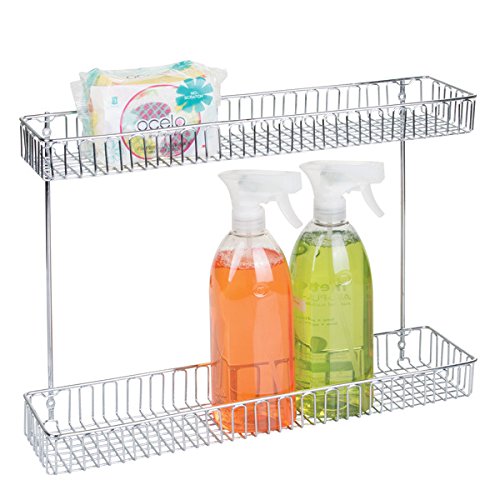 mDesign Under-Sink Wide Organizer Shelf for Dish Soap, Cleaning Supplies, Brushes - Wall/Cabinet Mount, 2-Tier, Chrome