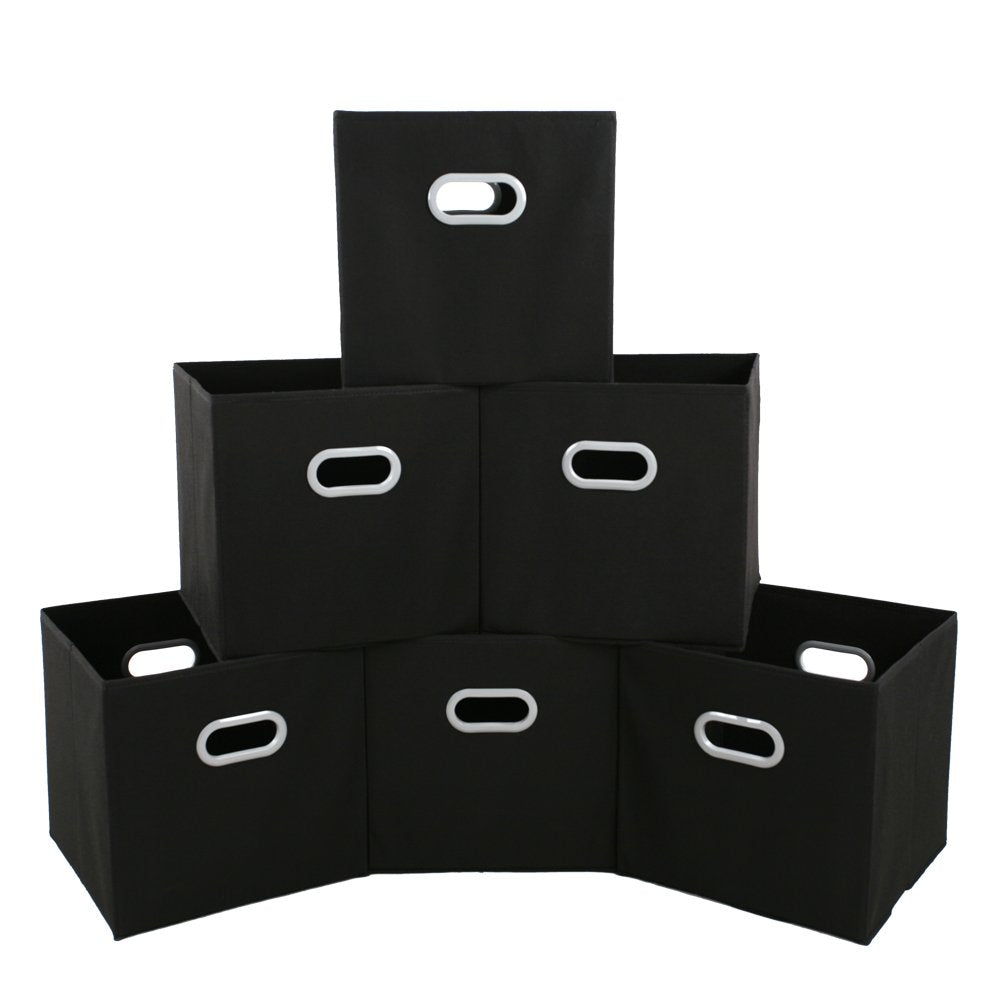 MAX Houser Fabric Storage Bins Cubes Baskets Containers with Dual Plastic Handles for Home Closet Bedroom Drawers Organizers, Flodable, Set of 6 (Black)