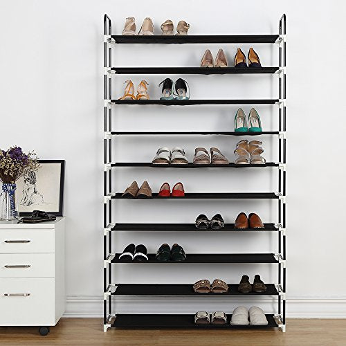 Housen Solutions 10 Tier Shoe Rack 50 Pairs Plastic Shoe Shelf Stand Organizer with Non-Woven Fabric, Black